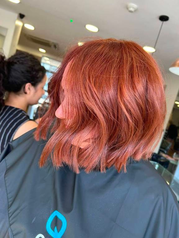 Copper red colour on a textured bob, coloured at Thatchairs Hair & Body